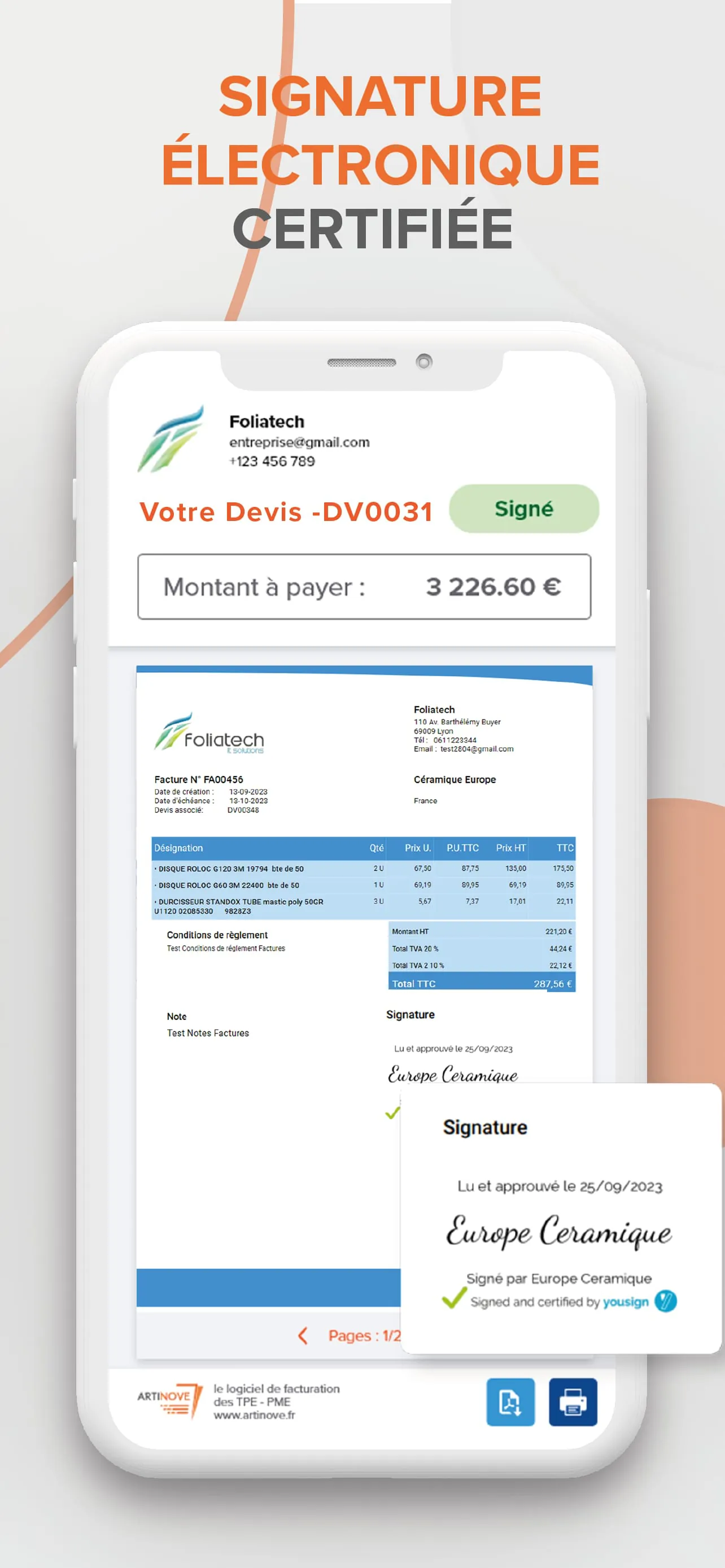 Artinove, Devis Facture facile